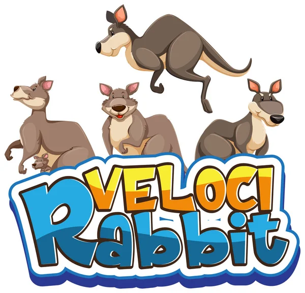 多くのカンガルー漫画のキャラクターとともにVelocirabbitフォントバナー孤立イラスト — ストックベクタ