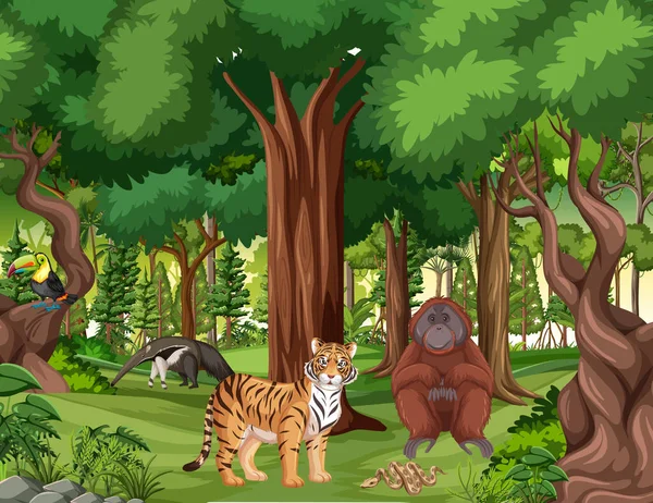 Cena Floresta Tropical Com Vários Animais Selvagens Ilustração — Vetor de Stock