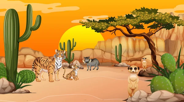 Desert Δάσος Τοπίο Στο Ηλιοβασίλεμα Σκηνή Του Χρόνου Άγρια Ζώα — Διανυσματικό Αρχείο