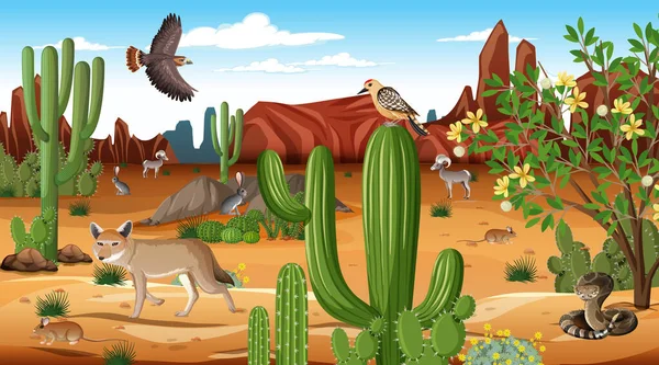 Desert Δάσος Τοπίο Κατά Διάρκεια Της Ημέρας Σκηνή Wild Ζώα — Διανυσματικό Αρχείο