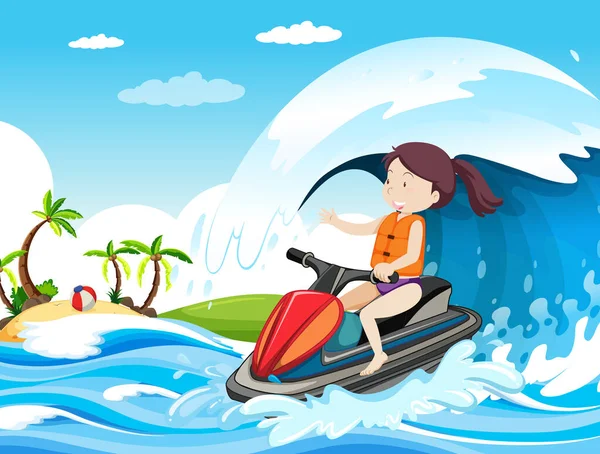 Scena Spiaggia Con Una Donna Che Guida Jet Ski Illustrazione — Vettoriale Stock