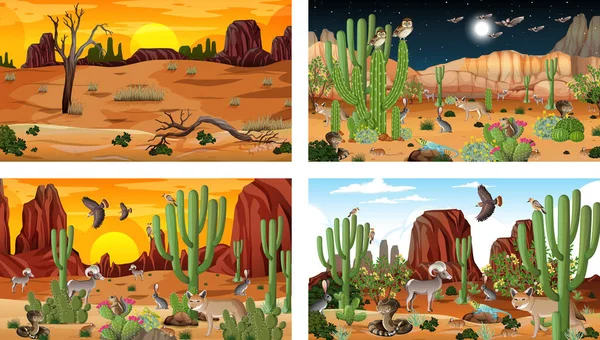 Cenas Diferentes Com Paisagem Floresta Deserta Com Animais Plantas Ilustração — Vetor de Stock