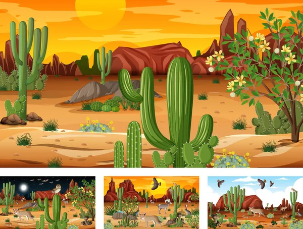 Different Scenes Desert Forest Landscape Animals Plants Illustration — Stock Vector