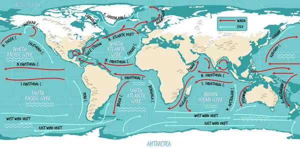 海洋当前的世界地图 附有地名说明 — 图库矢量图片