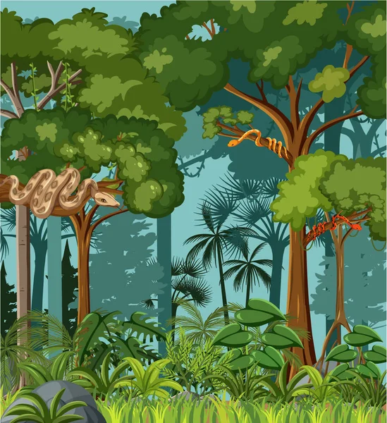 Escena Selva Tropical Con Varios Animales Salvajes Ilustración — Archivo Imágenes Vectoriales