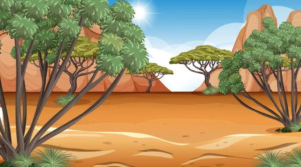 African Savanna Forest Landscape Scene Day Time Illustration — Stock Vector