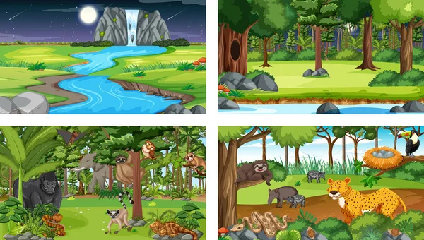 Çeşitli vahşi hayvan resimleriyle farklı orman yatay sahneleri.