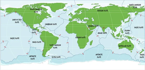 Carte Monde Montrant Illustration Des Limites Des Plaques Tectoniques — Image vectorielle