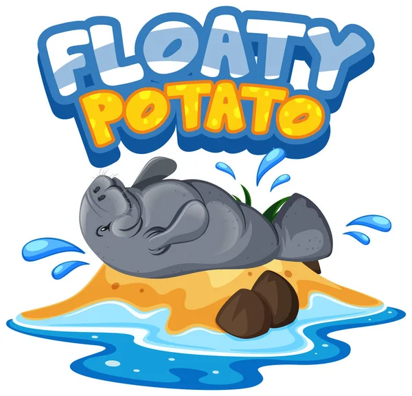 Manatee Kreslený Postava Floaty Potato Písmo Banner Izolované Ilustrace — Stockový vektor