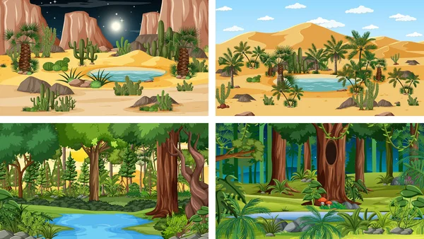 Quattro Diverse Scene Orizzontali Natura Illustrazione — Vettoriale Stock