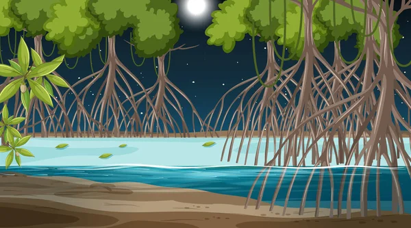 Manglar Bosque Paisaje Escena Por Noche Ilustración — Vector de stock