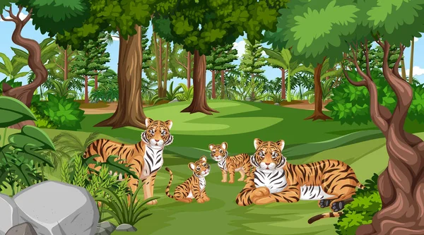 Familia Tigre Escena Del Bosque Con Muchos Árboles Ilustración — Archivo Imágenes Vectoriales