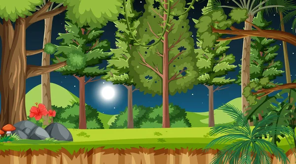 Natuur Bos Nachts Scène Met Veel Bomen Illustratie — Stockvector