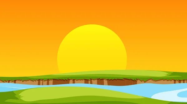 Blank Meadow Landscape River Sunset Time Scene Illustration — Image vectorielle