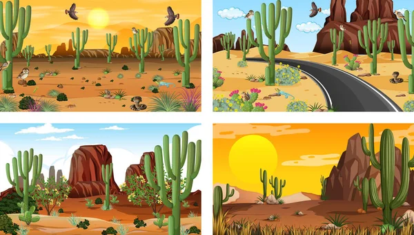 Cenas Diferentes Com Paisagem Floresta Deserta Com Animais Plantas Ilustração — Vetor de Stock