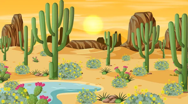 オアシスイラストで日没時の砂漠の森の風景 — ストックベクタ