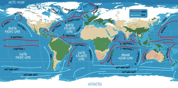 海洋当前的世界地图 附有地名说明 — 图库矢量图片