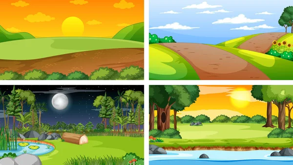 Four Different Scene Nature Park Forest Illustration — Stock Vector