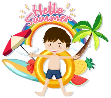 Merhaba. Bir erkekle yaz yazı tipi ve izole edilmiş plaj eşyaları.