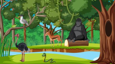 Farklı vahşi hayvan örnekleriyle dolu orman sahnesi