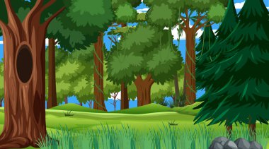 Orman sahnesinde çeşitli orman ağaçları gösterimi