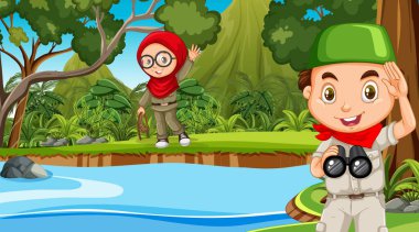 Müslüman çocukların orman resimlerini keşfettikleri doğa sahnesi.