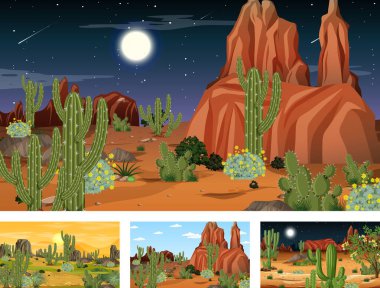 Çeşitli çöl bitkilerinin yer aldığı farklı çöl ormanları manzaraları.