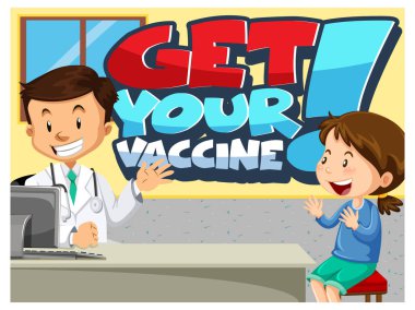 Bir kızla Aşı Yazı tipi pankartı alın. Bir doktor çizgi film karakteri çizimi ile tanışın.