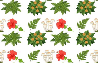 Beyaz arkaplan illüstrasyonunda birçok farklı bitkiye sahip kusursuz desen