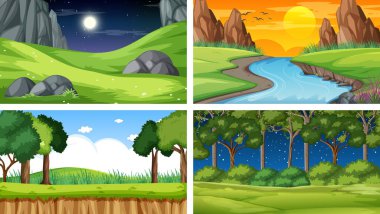 Doğa parkı ve orman illüstrasyonunun dört farklı sahnesi