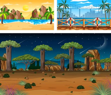 Üç farklı doğa manzarası çizimi