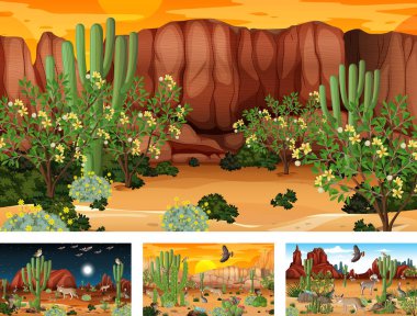 Hayvanlar ve bitkilerin resimlendiği farklı çöl ormanları manzaraları.