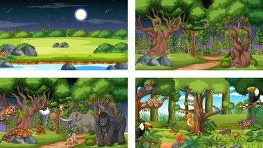 Çeşitli vahşi hayvan resimleriyle farklı orman yatay sahneleri.
