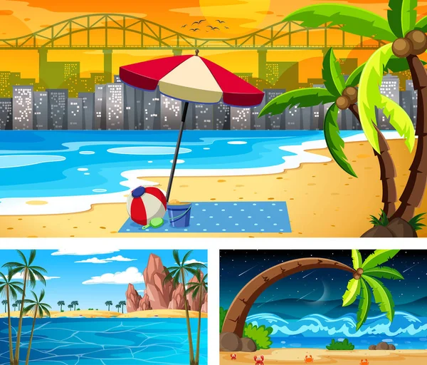 Tres Diferentes Escenas Paisaje Playa Ilustración — Vector de stock