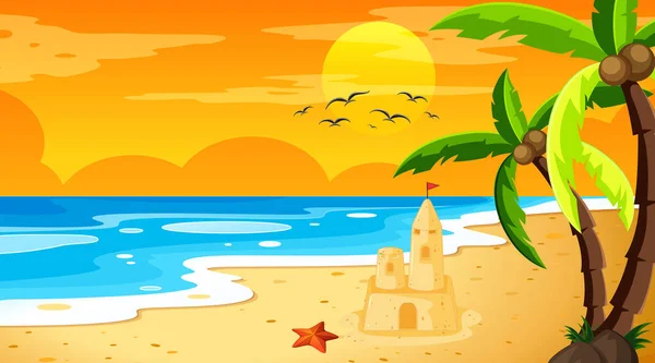 Playa Atardecer Paisaje Escena Con Ilustración Castillo Arena — Vector de stock