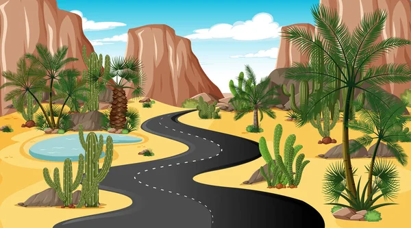 Długa Droga Przez Pustynny Krajobraz Lasu Dzień Scena Ilustracja — Wektor stockowy