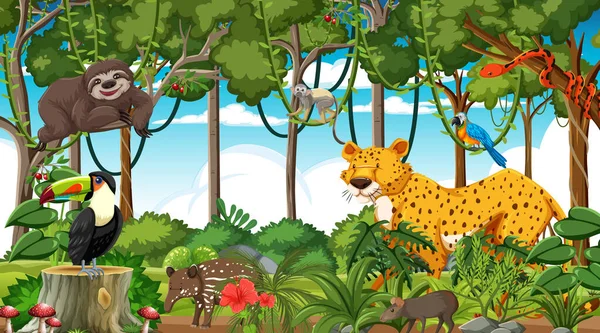 Δάσος Στην Ημερήσια Σκηνή Διαφορετικά Άγρια Ζώα Εικονογράφηση — Διανυσματικό Αρχείο