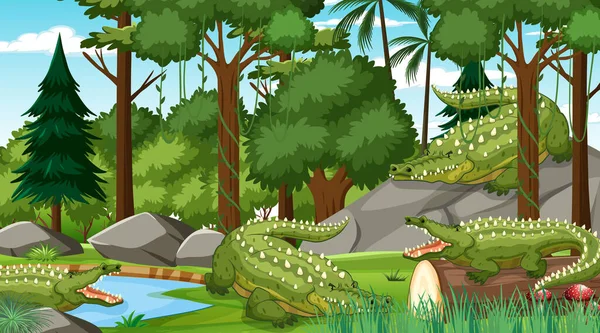 Krokodyl Grupa Lesie Dzień Sceny Wielu Drzew Ilustracji — Wektor stockowy