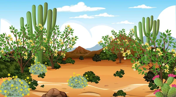 Krajobraz Lasu Pustynnego Dzień Sceny Wielu Kaktusów Ilustracji — Wektor stockowy