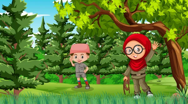 Alam Adegan Dengan Anak Anak Muslim Menjelajahi Hutan Ilustrasi - Stok Vektor