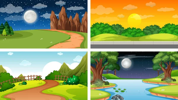 Quatro Cenas Diferentes Parque Natureza Ilustração Floresta —  Vetores de Stock