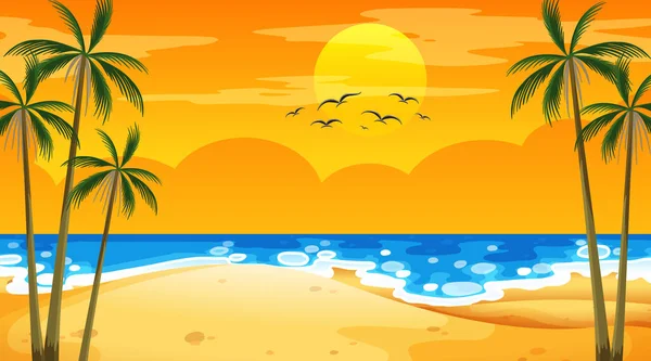 Beach Sunset Time Landscape Scene Palm Trees Illustration — Stock Vector