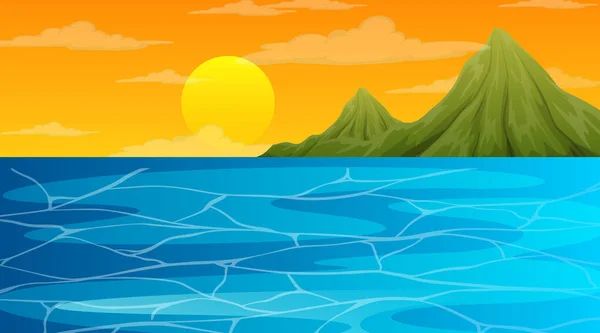 Cena Paisagem Oceano Sol Afogando Ilustração — Vetor de Stock