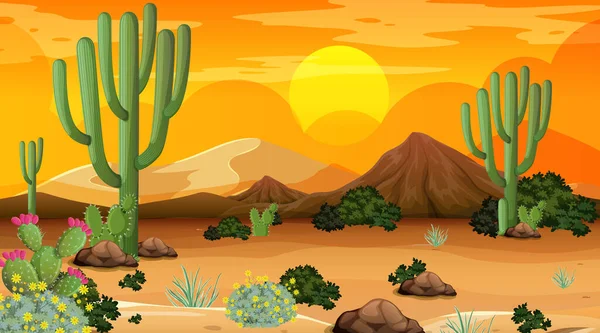 Ökenskog Landskap Vid Solnedgången Tid Scen Med Många Kaktusar Illustration — Stock vektor