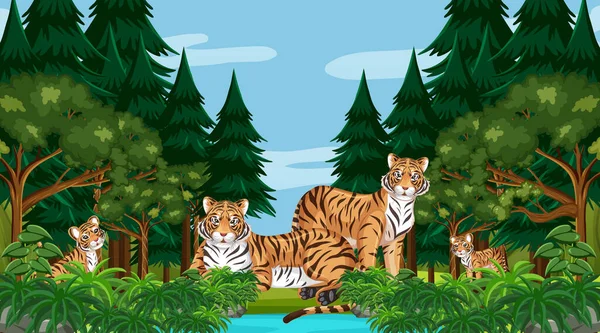 Floresta Floresta Tropical Cena Com Tigre Família Ilustração —  Vetores de Stock