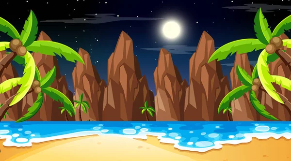 Тропический Пейзаж Пляже Ночью Иллюстрация — стоковый вектор