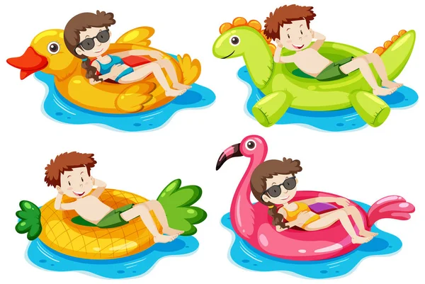 Set Kinderen Liggend Hun Zwemring Het Water Geïsoleerde Illustratie — Stockvector