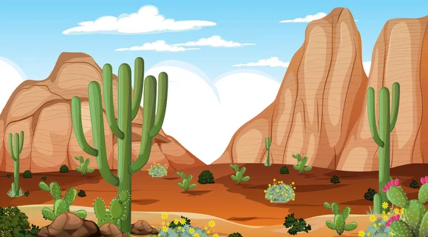 Paisagem Floresta Deserto Cena Diurna Com Muitos Cactos Ilustração — Vetor de Stock