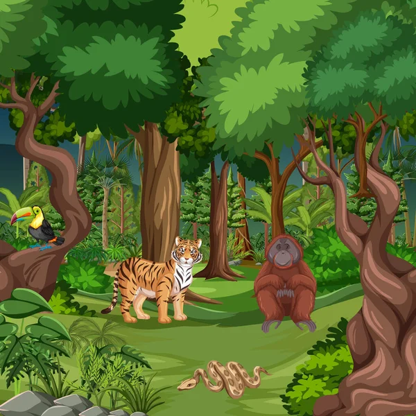 Scena Della Foresta Con Diversi Animali Selvatici Illustrazione — Vettoriale Stock