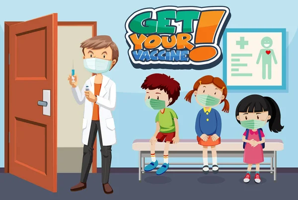 Aşı Yazı Tipi Pankartınızı Alın Bir Sürü Çocuk Doktor Illüstrasyonunu — Stok Vektör